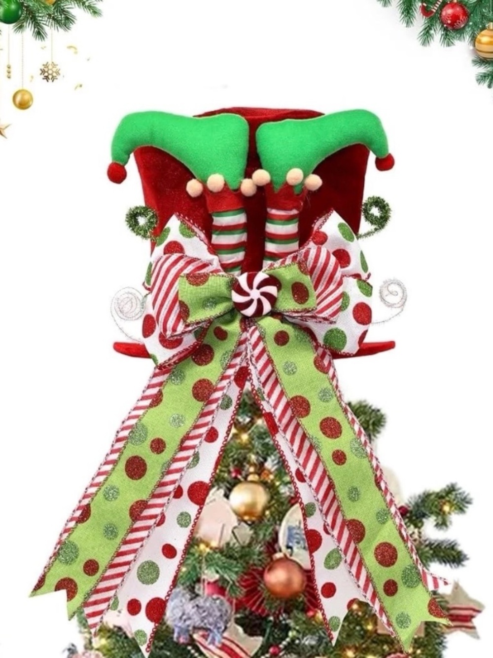 The Christmas Tree Topper Hat Elf Legs with Bow is a festive ornament designed f